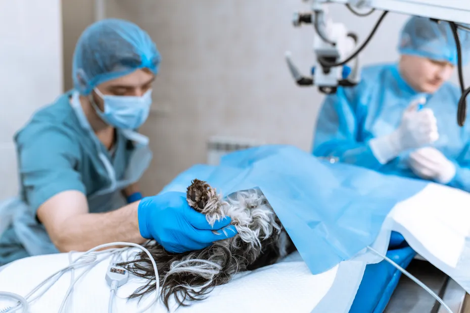 A professional ophthalmologist performs eye surgery with a microscope