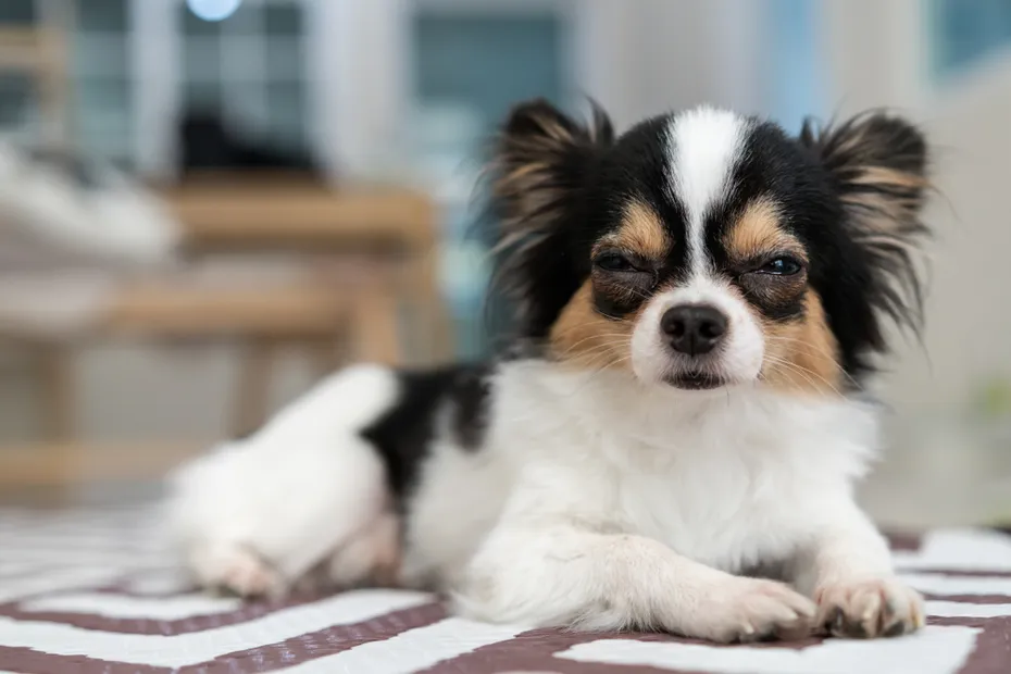 Black, white and brown long haired Chihuahua laying on a mat and squinting