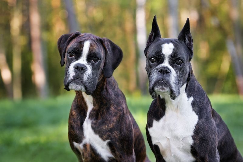 two beautiful german boxer dogs posing outdoors together