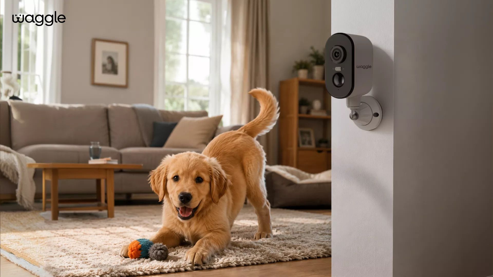 Golden retriever puppy playing in living room with Waggle camera on wall