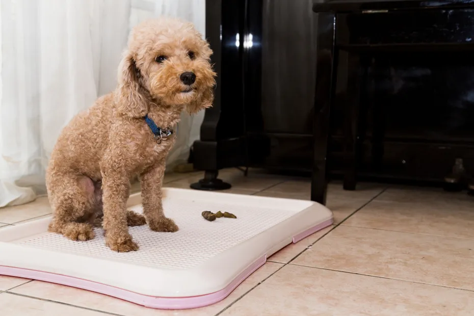 Brown dog who pooped in its bed inside the house