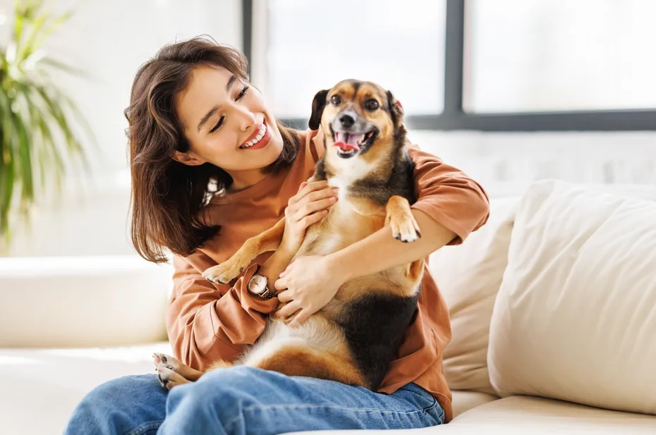 happy cheerful woman hugging her beloved pet dog at home on the couch