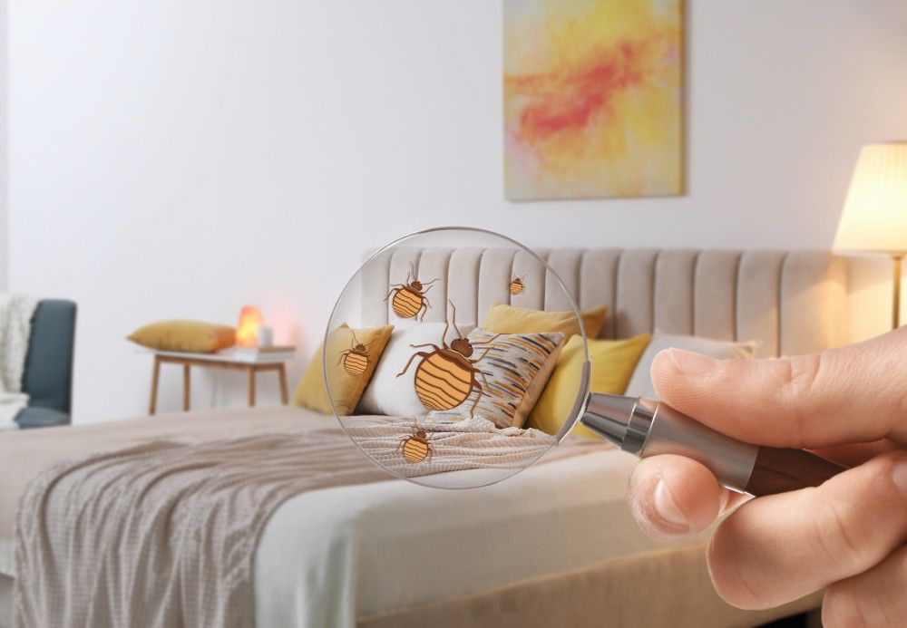 Woman with magnifying glass detecting bed bugs in bedroom