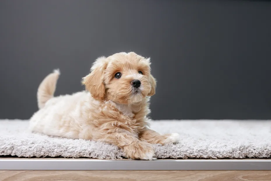 Cute Maltipoo puppy lying on a carpet