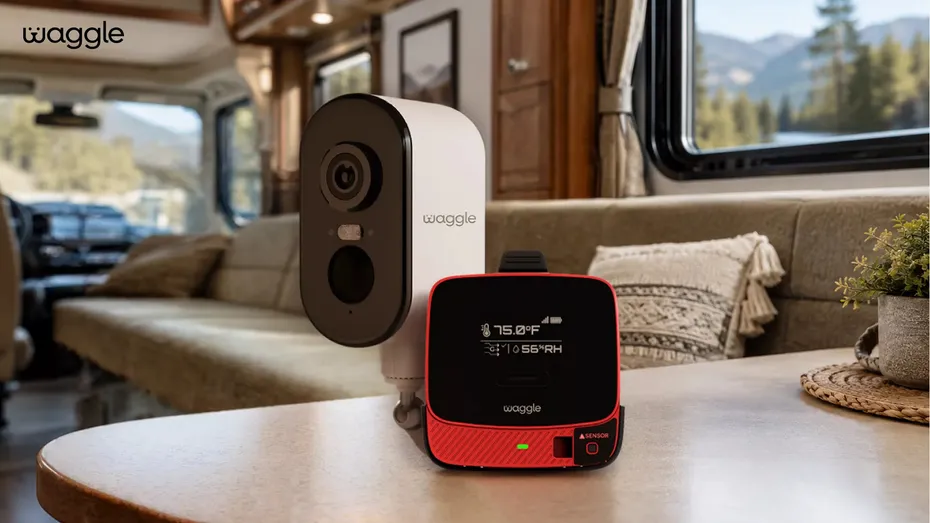 Waggle pet monitor and RV camera on a table inside a camper