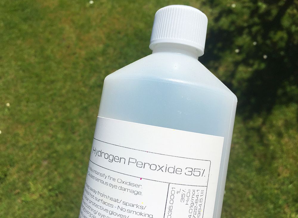 a bottle of generic hydrogen peroxide up close