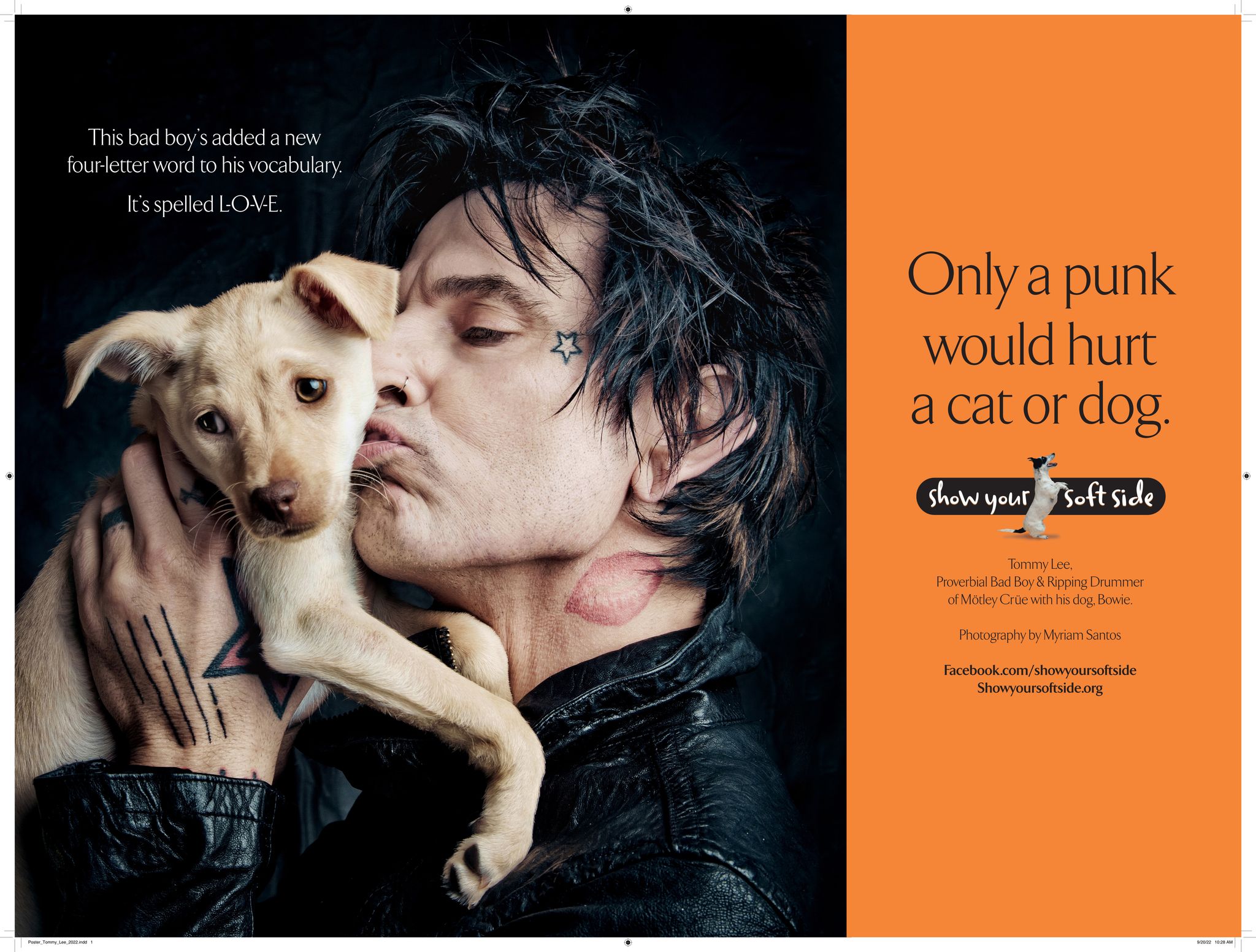 Tommy Lee kissing a puppy in a Show Your Soft Side public service ad