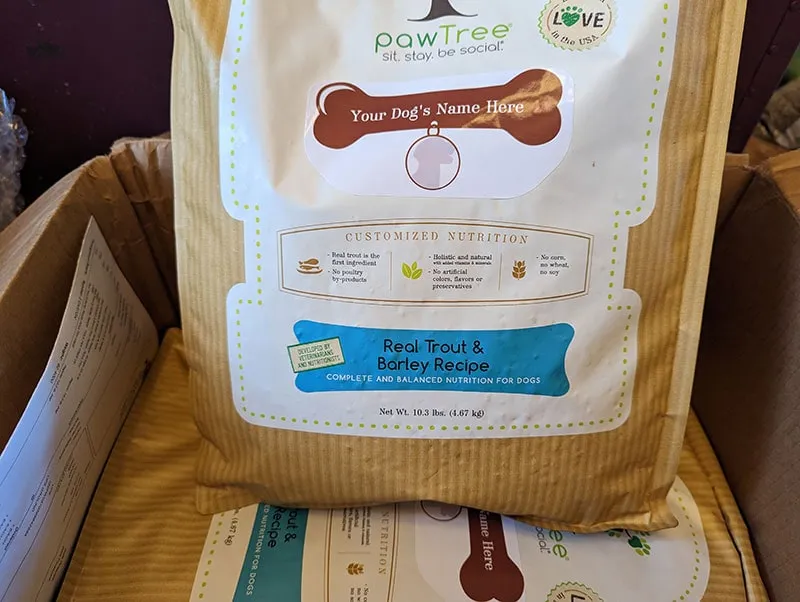 pawtree real trout and barley recipe in the box