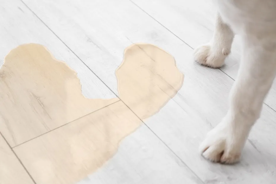 dog near a wet pee spot on the floor closeup