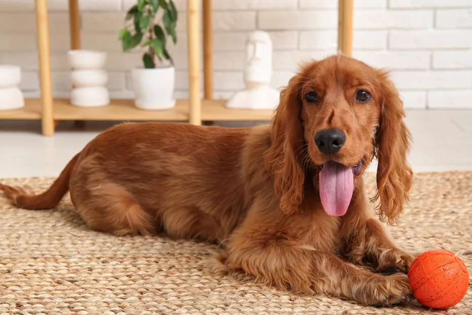 Cute cocker spaniel with ball toy lying at home
