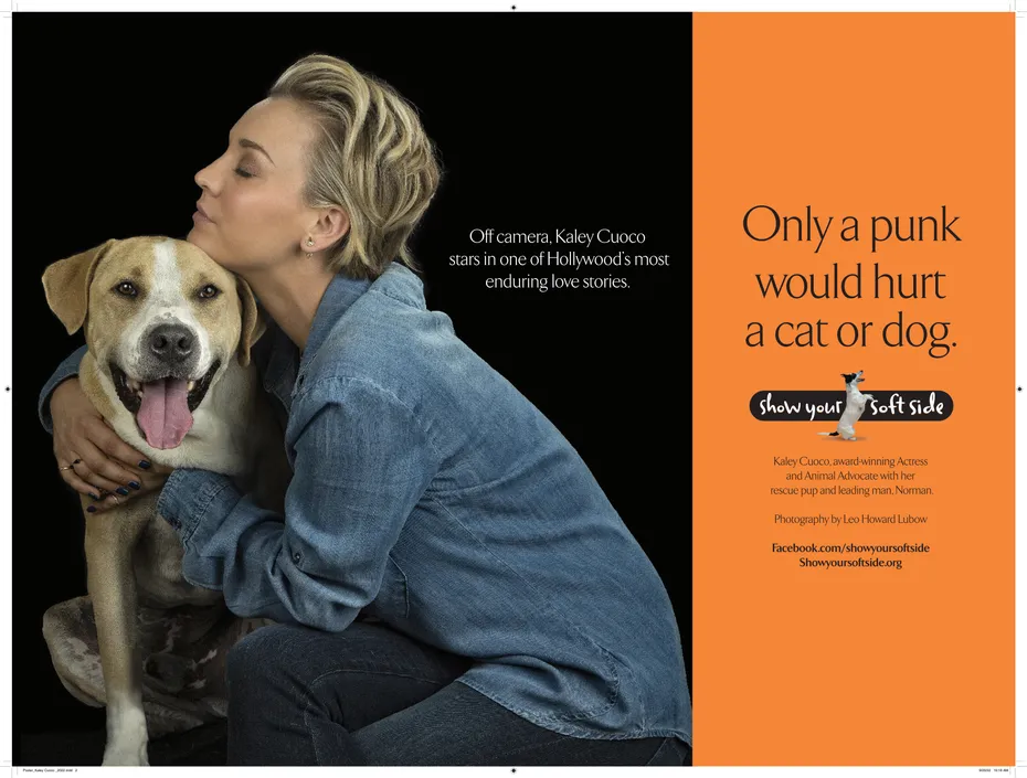Kaley Cuoco hugging her rescue dog Norman for Show Your Soft Side