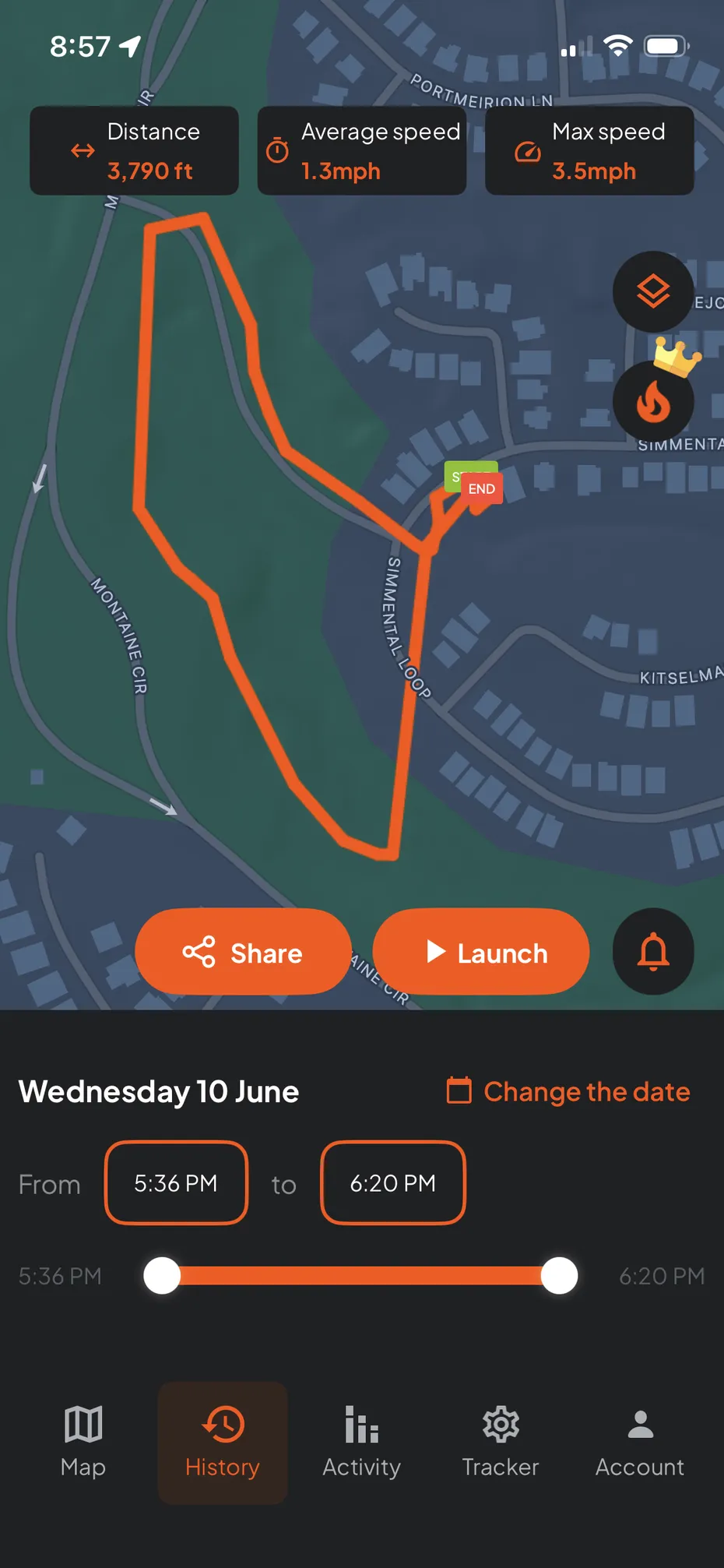 Weenect app screen showing activity history and GPS map route