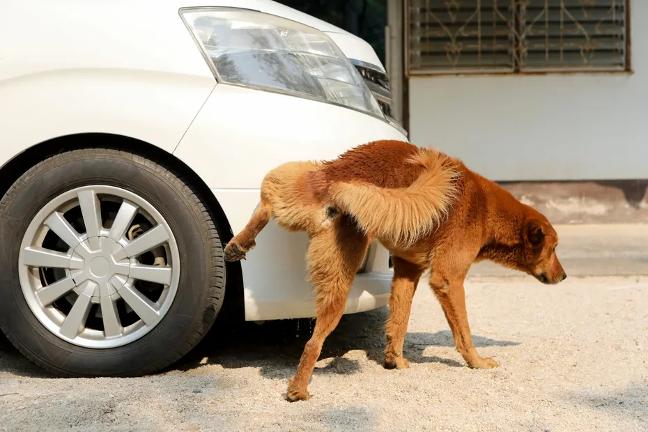 red brown dog urinating on front of white car