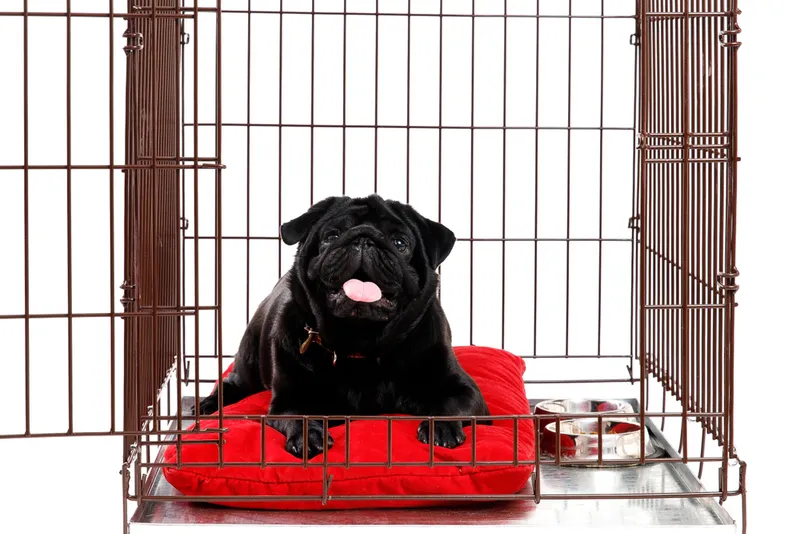 pug dog lying in the crate
