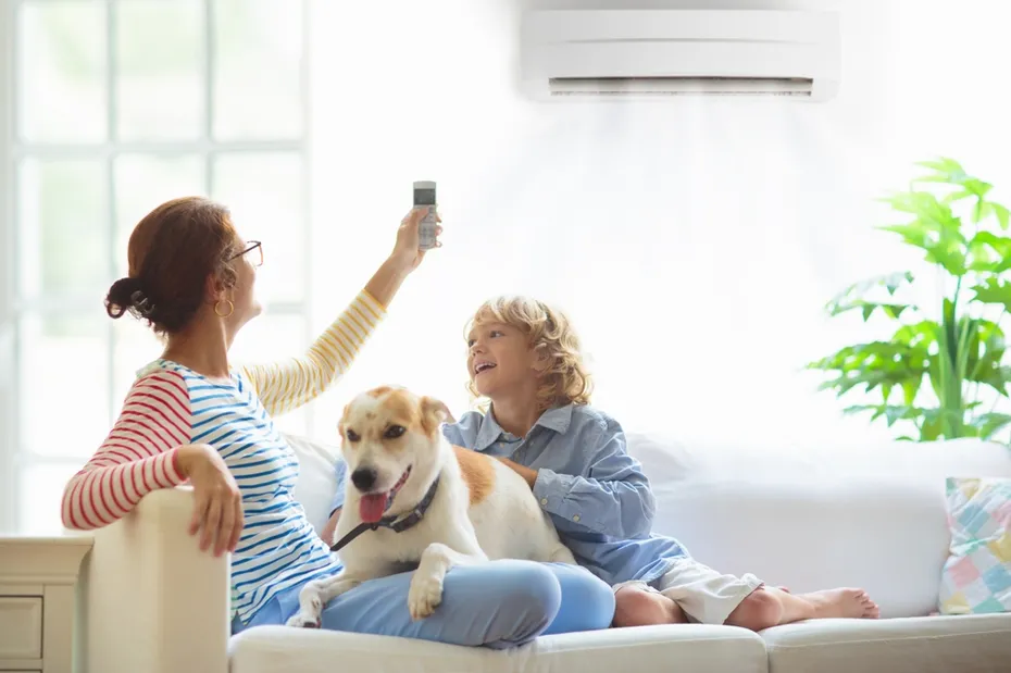 a mother and child with their pet using the aircon at home