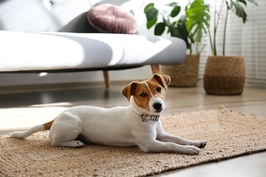 Cute four months old Jack Russel terrier puppy with folded ears at home