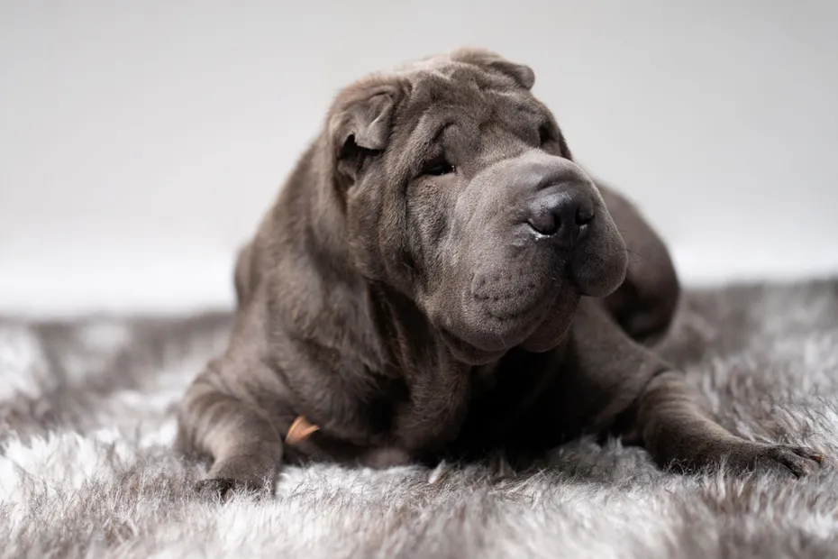 shar pei dog lying on carpet