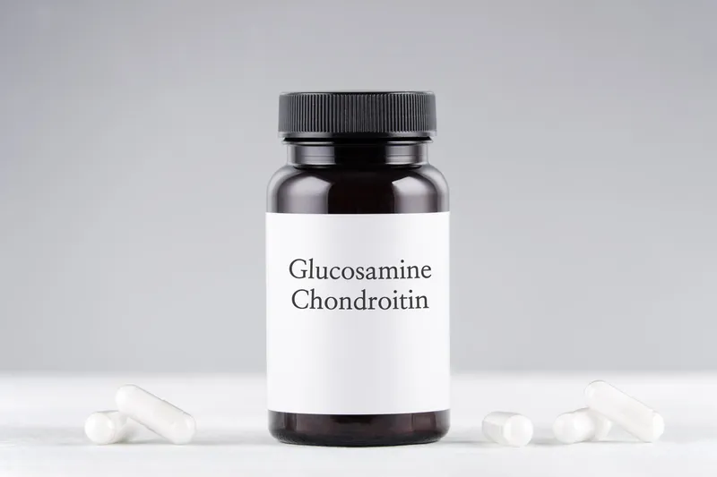 nutritional supplement glucosamine and chondroitin bottle and capsules on gray
