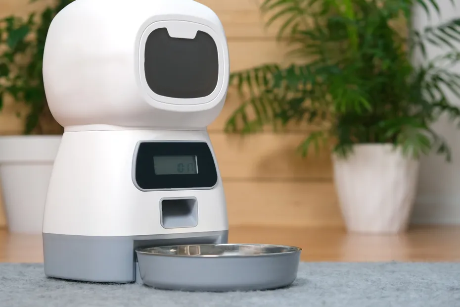 an automatic feeder. Automatic pet food dispenser on the floor of the house. A smart pet feeder.