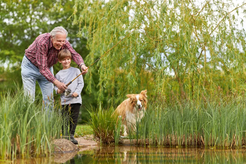 Grandfathers fishing with grandson and dog by the lake in summer