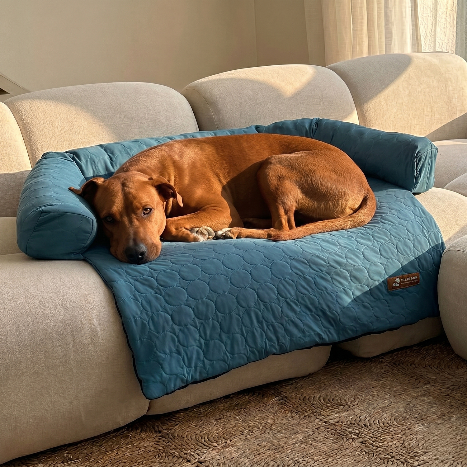 Brown dog sleeping on a blue Pelsbarn sofa pet bed
