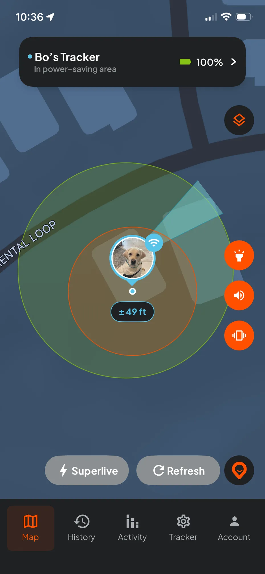Weenect GPS tracking app map showing a dog location within a safe zone