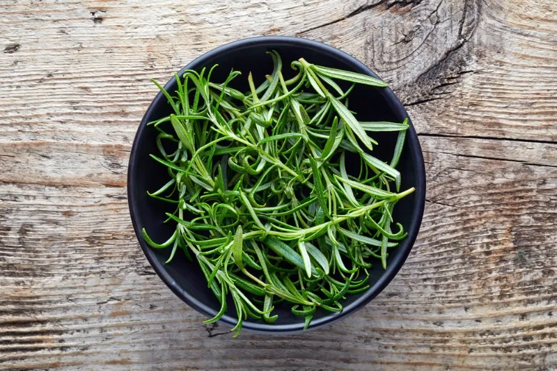 Bowl of rosemary on wooden table