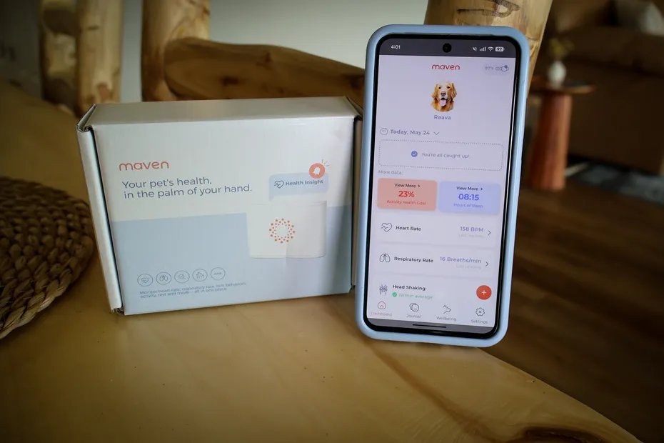 Maven pet health monitoring box and smartphone app showing pet data