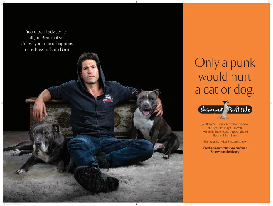 Man sitting on a rug with two rescue pit bulls for an animal welfare ad