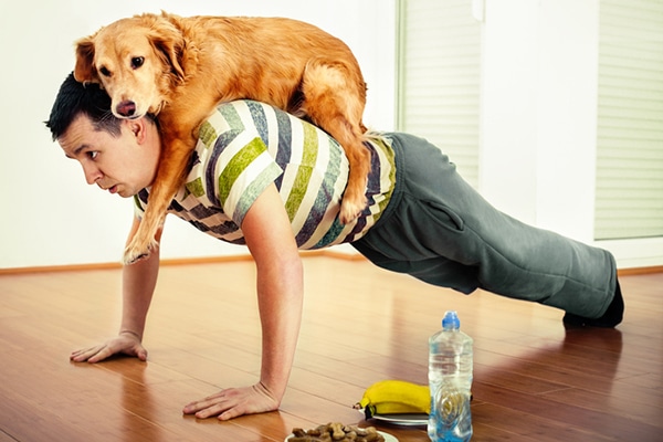A man doing pushups exercises with his dog.