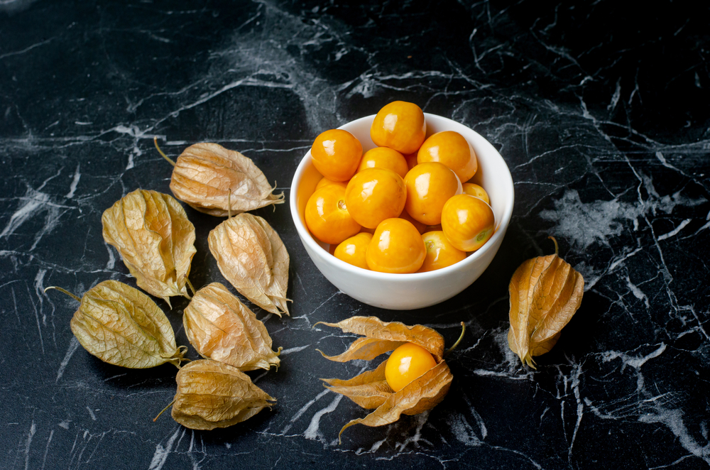 golden berries on the dark table