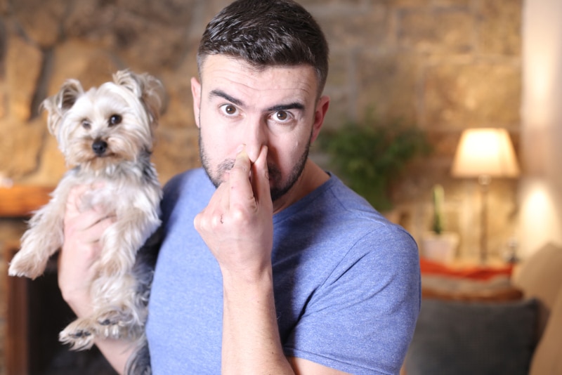 man covering his nose from dog smell