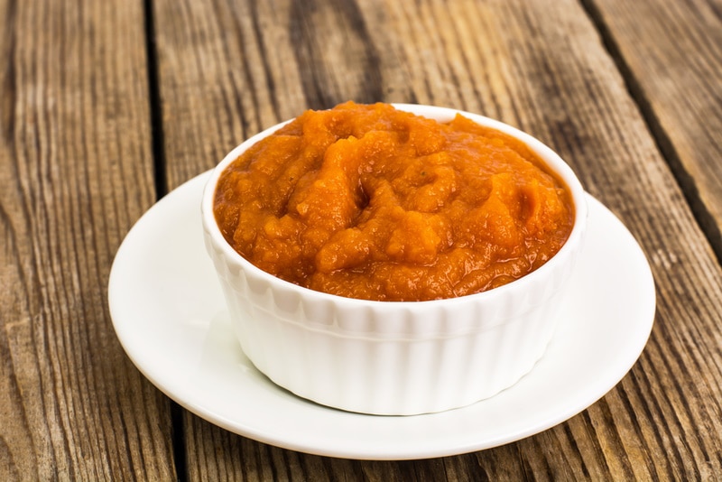 canned pumpkin in white bowl
