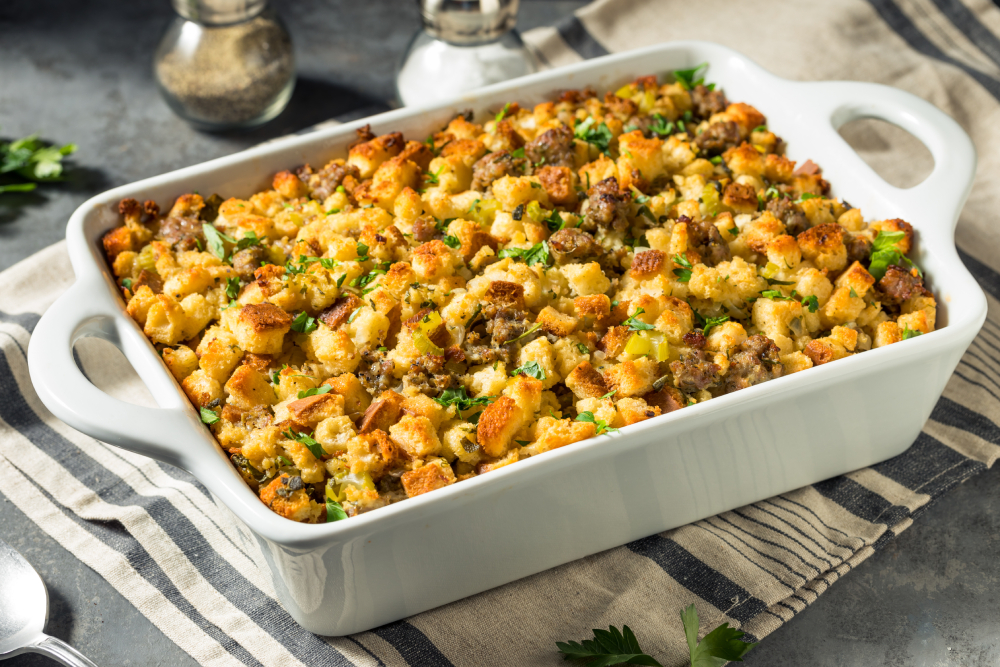 Homemade Thanksgiving Pork Sage Stuffing in a Casserole Dish