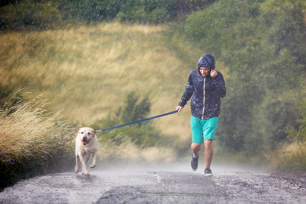 man with dog on leash running on a rainy day