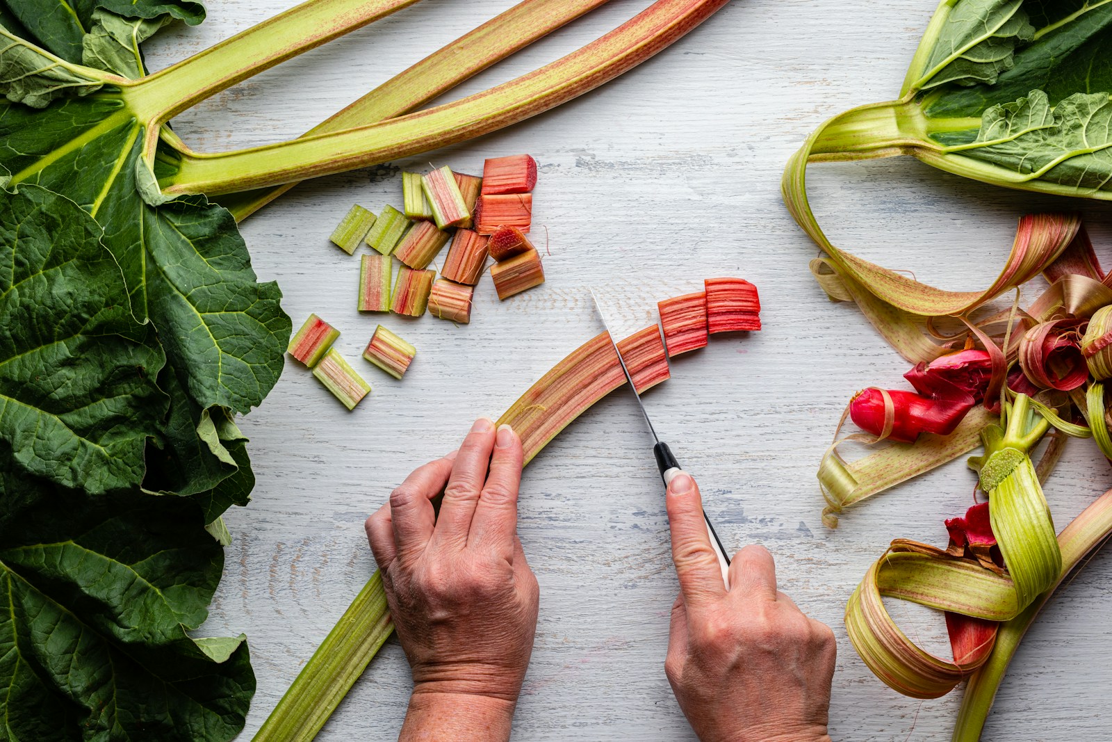 A person cutting a Rhubarb