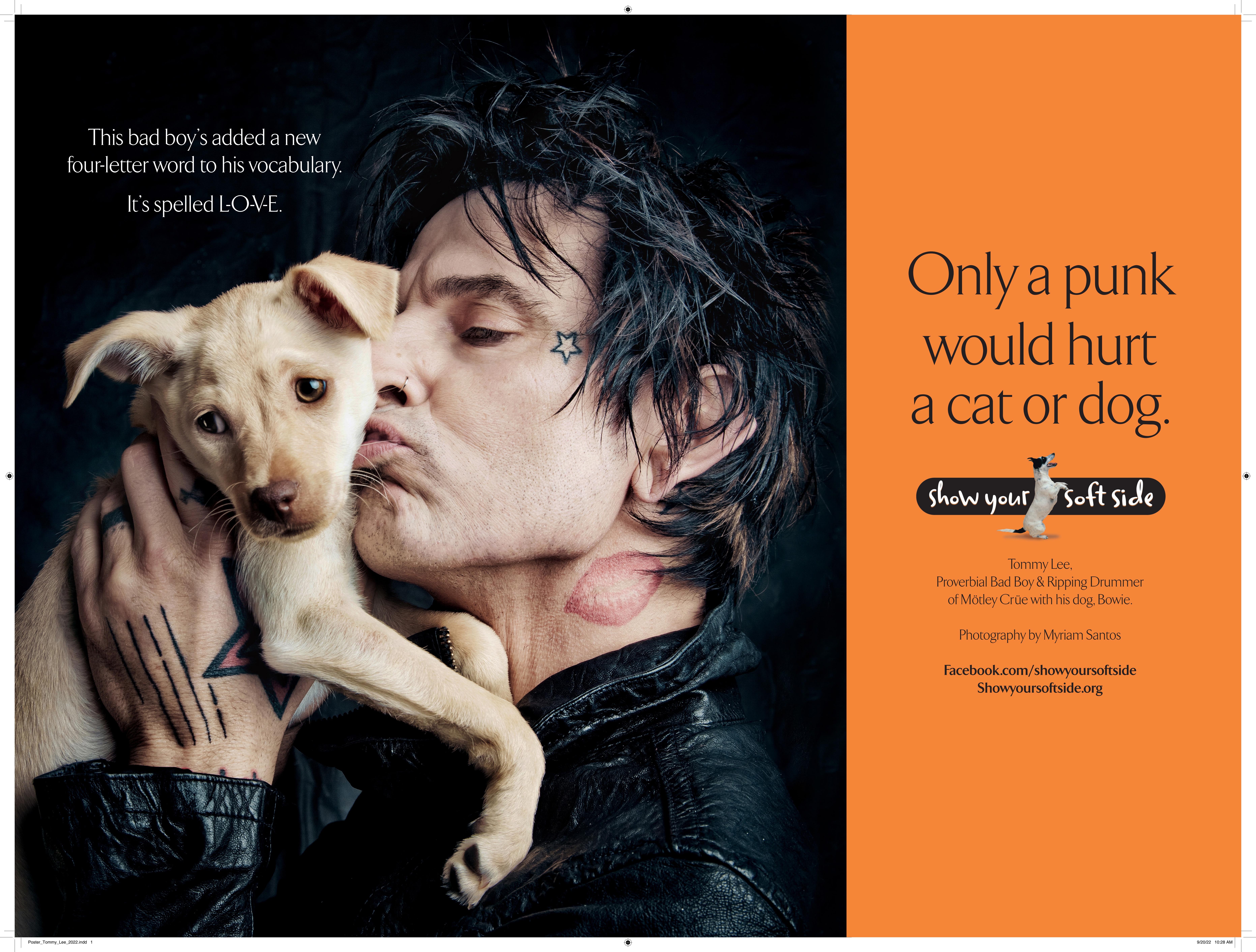 Tommy Lee kissing a puppy in a Show Your Soft Side public service ad