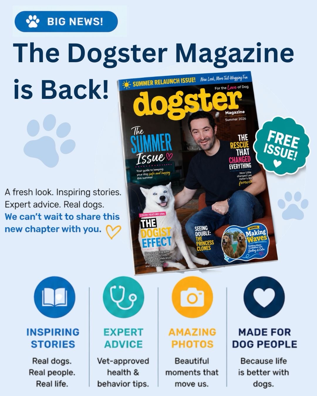 🐾 Dogster magazine is back!

We’re excited to officially relaunch Dogster magazine with an all-new look and a fresh issue filled with inspiring stories, expert advice, and plenty of amazing dogs.

Inside the Summer 2026 issue you’ll find:

✨ Exclusive interviews @lillie_and_lee @thedogist @colinthegolden @lifeofsterlingnewton @pumpkinonwheels_pumpkinpower 
🐶 Incredible canine stories
🩺 Vet-approved health and behavior advice
🌊 Water Adventures with Colin & Sterling
📸 The Dogist cover feature and much more.

Best of all, the issue is completely FREE.

Thank you for being part of the Dogster community. We can’t wait to share this new chapter with you.

📖 Download your free copy at the link in our bio.

#Dogster #DogsterMagazine #DogLovers #DogParents #DogsOfInstagram